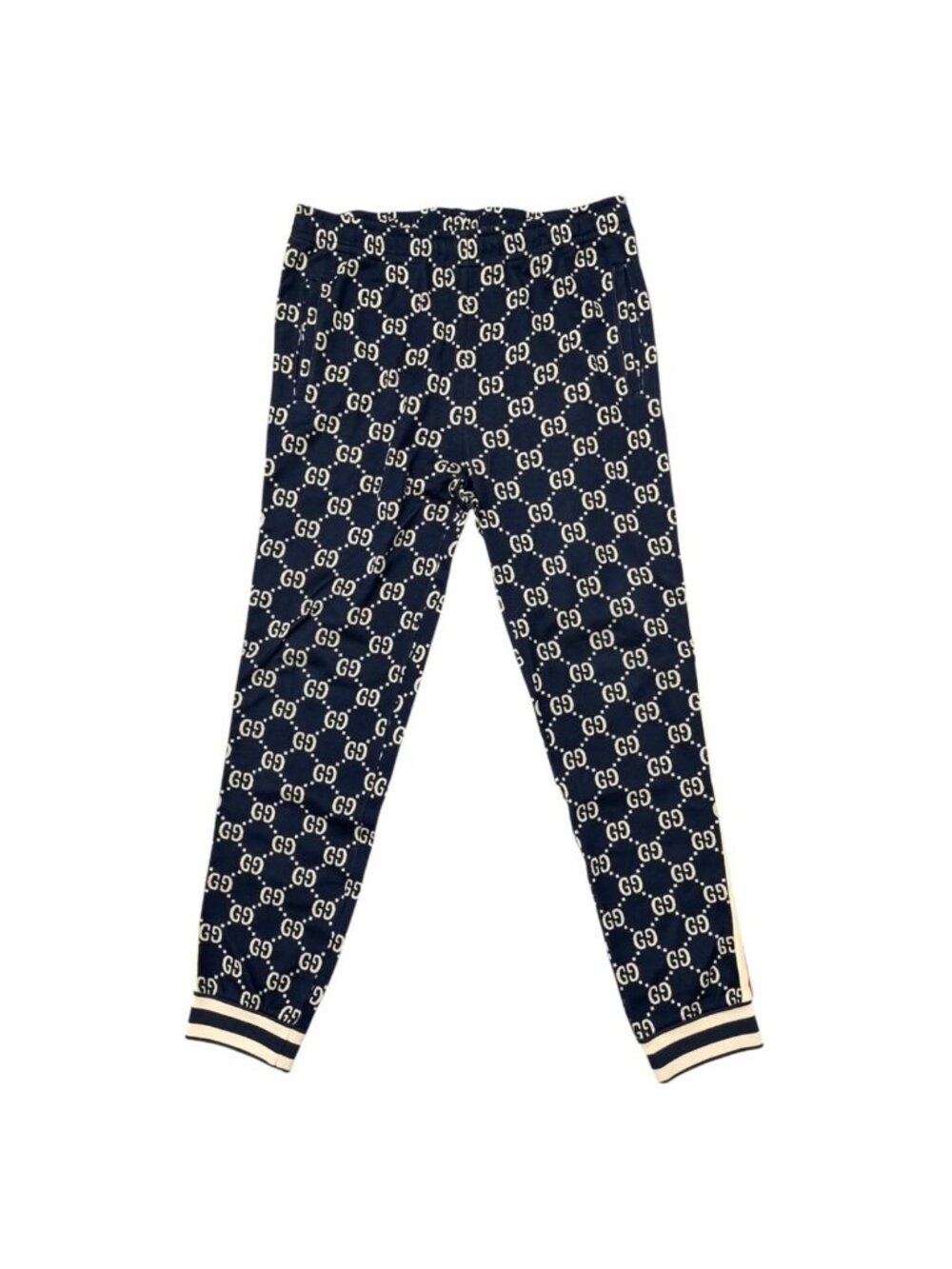 Gucci Jersey GG Jacquard Jogging Pants Cotton Logo Side Line Navy Blue Beige XL